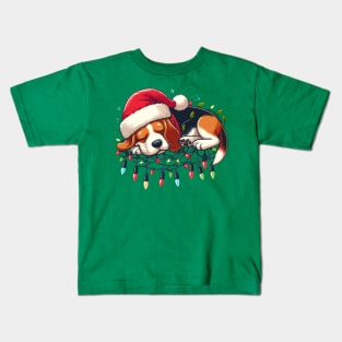 Beagle Dog Sleeping On Christmas Lights Kids T-Shirt